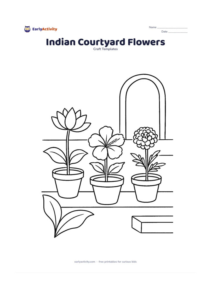 Worksheet: A small group of lotus, hibiscus and marigold flowers growing in pots along an Indian courtyard ledge, with simple arched doorway details, a low step and a few broad leaves. Give each…