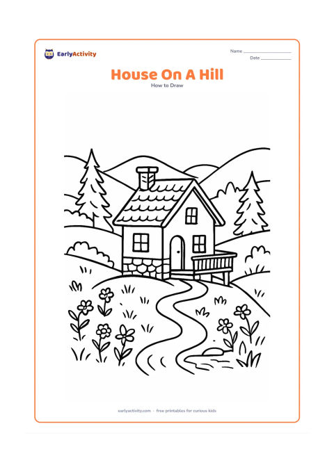 Worksheet: Draw a hillside home with a stone-textured lower wall, sloping roof, chimney, balcony and winding path down the hill. Surround it with layered hills, pine-like trees, wildflowers and a…