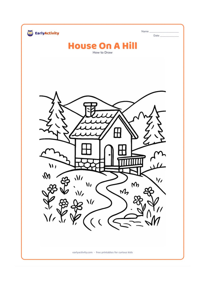 Worksheet: Draw a hillside home with a stone-textured lower wall, sloping roof, chimney, balcony and winding path down the hill. Surround it with layered hills, pine-like trees, wildflowers and a…