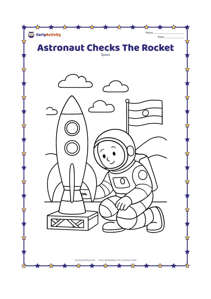 Colouring page: Draw an astronaut kneeling beside a medium-sized rocket on a launch platform, inspecting its lower side with one hand. Include a few clouds, distant hills and a plain Indian tricolour…