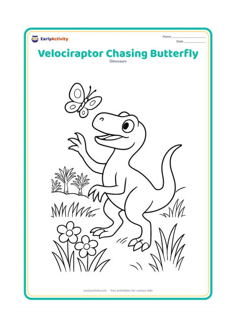 Colouring page: A playful velociraptor reaches toward a butterfly above a patch of flowers, with one foot lifted and its tail sweeping behind. Add tall grasses and a distant line of cycads.