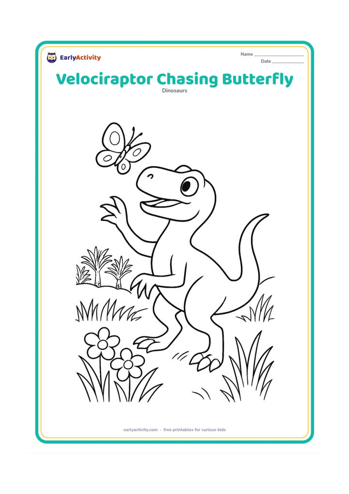 Colouring page: A playful velociraptor reaches toward a butterfly above a patch of flowers, with one foot lifted and its tail sweeping behind. Add tall grasses and a distant line of cycads.
