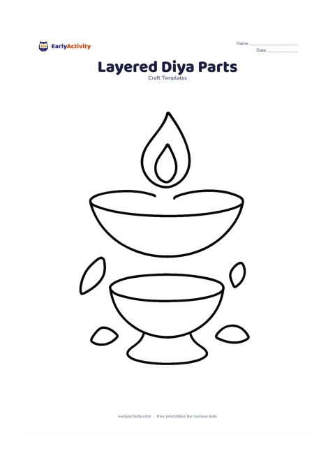 Worksheet: A diya is separated into clearly spaced cut-out pieces: a bowl, rim, flame, and small decorative side shapes arranged around the finished design.