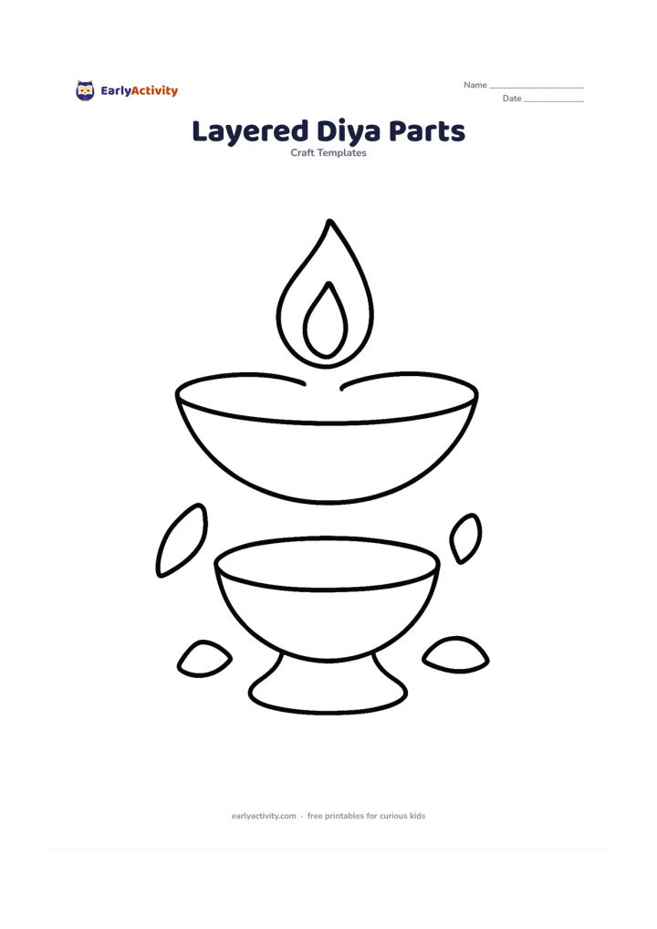 Worksheet: A diya is separated into clearly spaced cut-out pieces: a bowl, rim, flame, and small decorative side shapes arranged around the finished design.