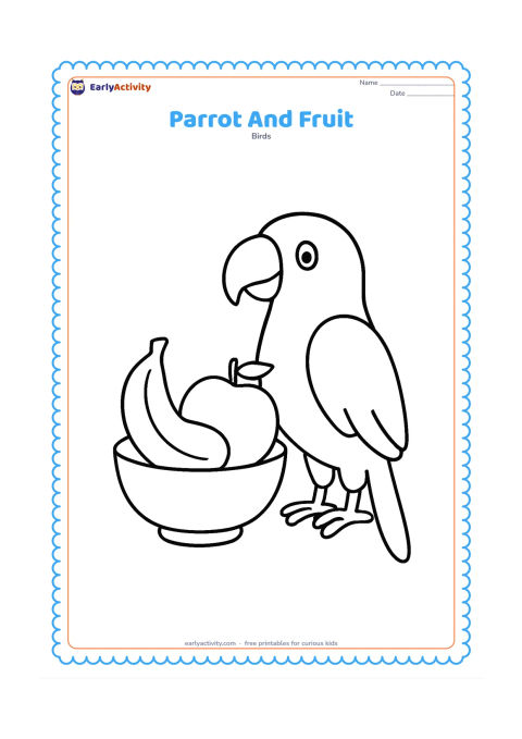 Colouring page: Draw a parrot standing beside a simple bowl containing large pieces of fruit, including a mango, banana, and apple. Show the parrot's curved beak and feet clearly, with no small…