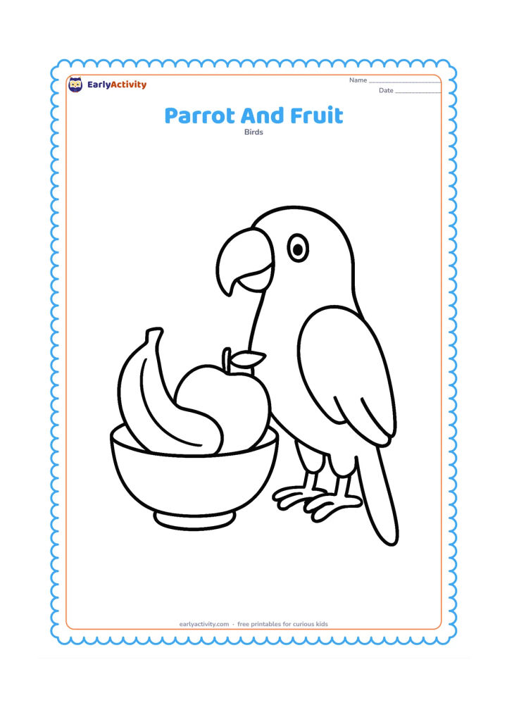 Colouring page: Draw a parrot standing beside a simple bowl containing large pieces of fruit, including a mango, banana, and apple. Show the parrot's curved beak and feet clearly, with no small…
