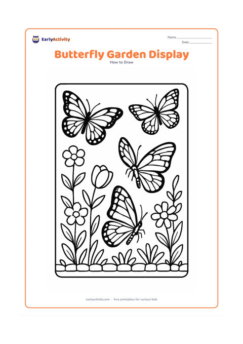 Worksheet: Show several finished butterflies of different sizes and wing patterns arranged among flowers, leaves, stems and a low garden border, as if displayed together in a classroom garden.…
