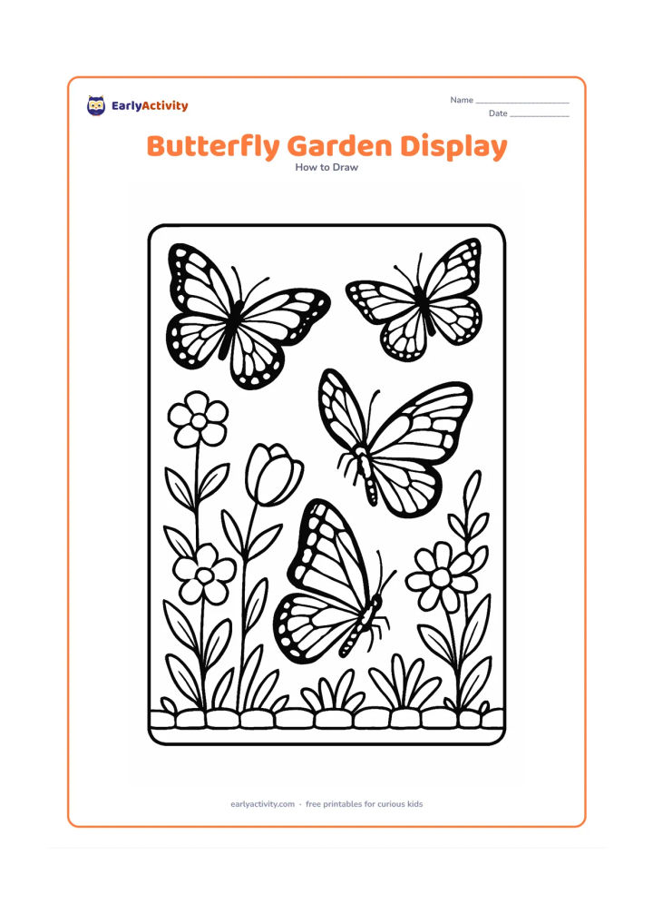 Worksheet: Show several finished butterflies of different sizes and wing patterns arranged among flowers, leaves, stems and a low garden border, as if displayed together in a classroom garden.…