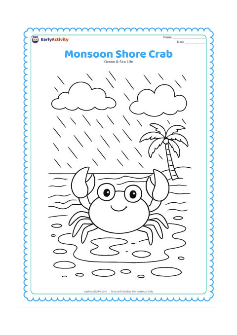 Colouring page: Show a crab on a wet beach during an Indian monsoon, with soft rain, puddles, dark clouds, a distant coconut palm and waves rolling toward shore. Keep the crab calm and friendly rather…