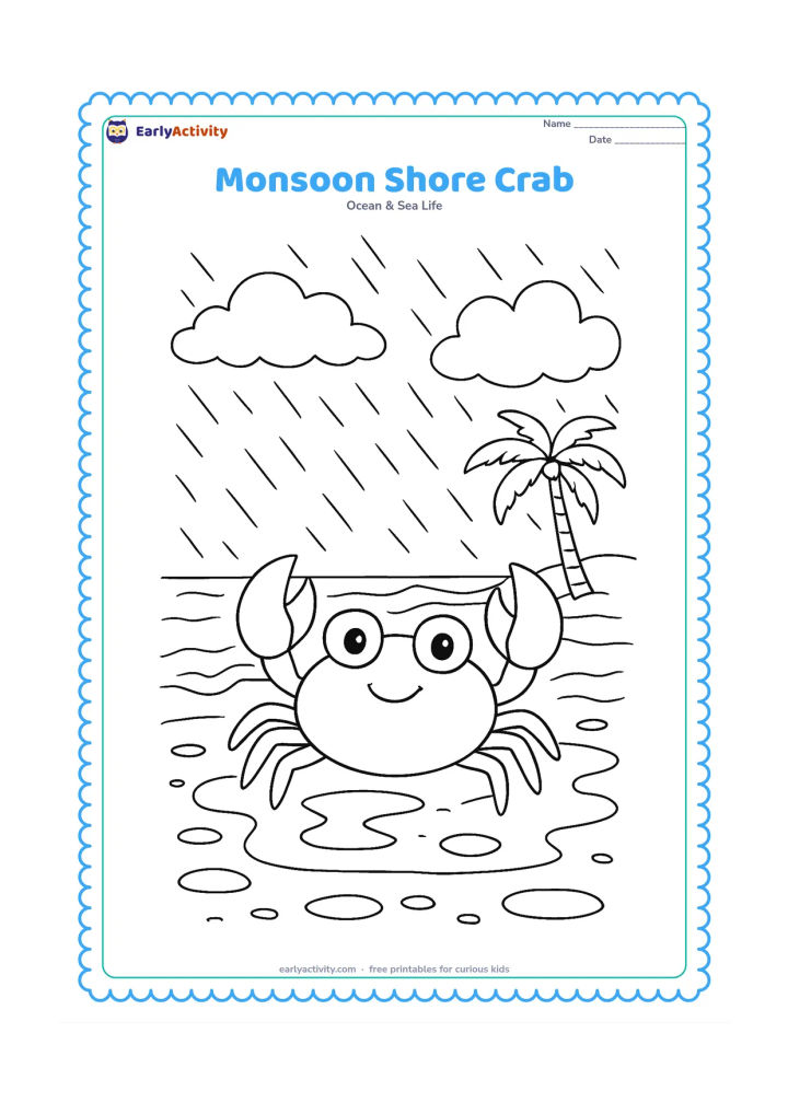 Colouring page: Show a crab on a wet beach during an Indian monsoon, with soft rain, puddles, dark clouds, a distant coconut palm and waves rolling toward shore. Keep the crab calm and friendly rather…