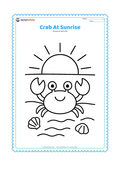 Colouring page: Draw a crab on a beach beneath a large rising sun, with simple rays, a low horizon, two shells and a few curved waves. Do not include any text in the sun or sky.