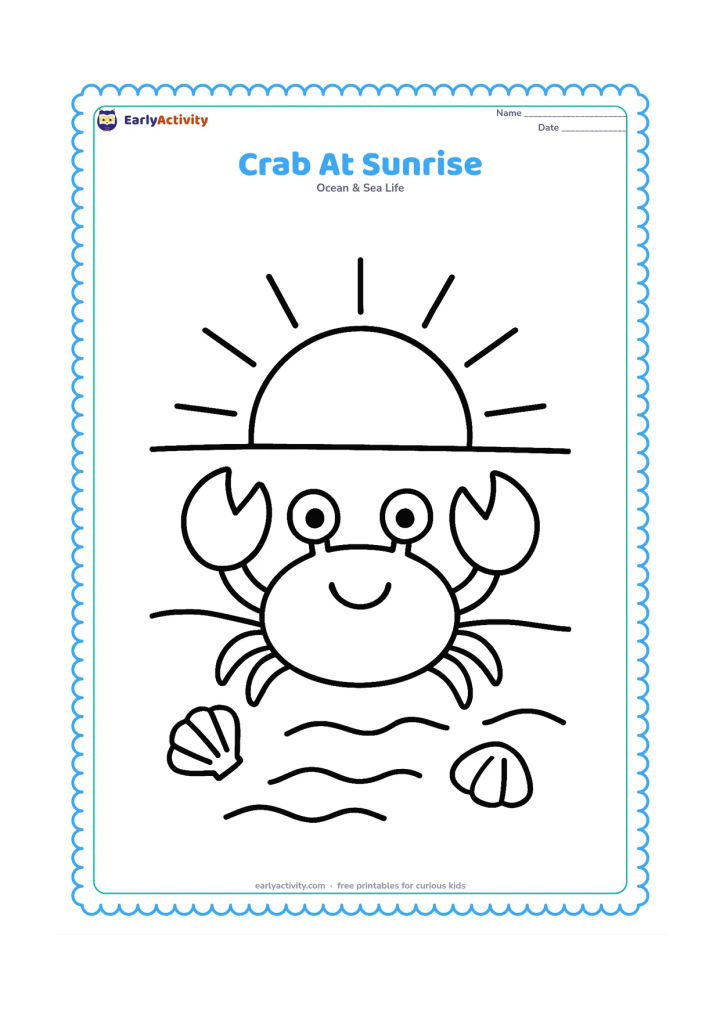 Colouring page: Draw a crab on a beach beneath a large rising sun, with simple rays, a low horizon, two shells and a few curved waves. Do not include any text in the sun or sky.