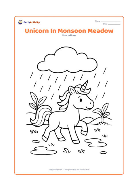 Worksheet: A friendly unicorn walks through a rainy meadow beneath a large cloud, wearing no clothing and showing a flowing mane and lifted tail. Add broad raindrops, puddles, two banana plants and…