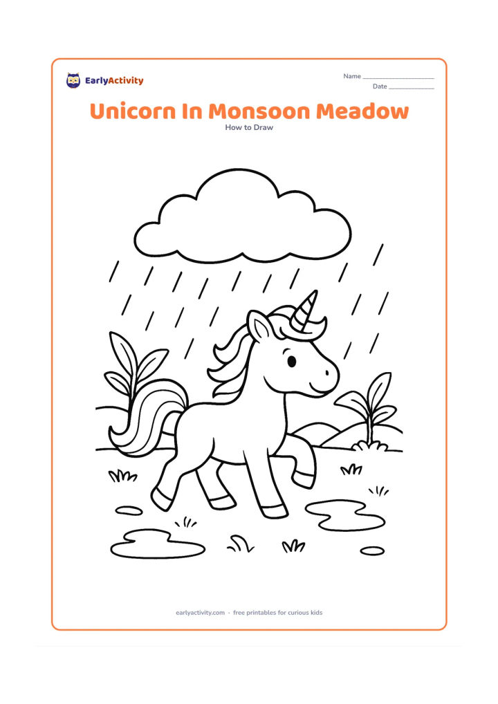 Worksheet: A friendly unicorn walks through a rainy meadow beneath a large cloud, wearing no clothing and showing a flowing mane and lifted tail. Add broad raindrops, puddles, two banana plants and…