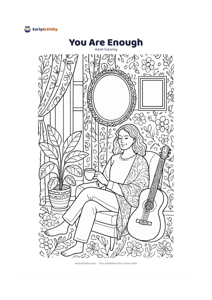 Colouring page: An adult sits comfortably in a sunlit room surrounded by favourite simple objects, a houseplant, shawl, cup, musical instrument and framed blank artwork, while soft curtains and floral…