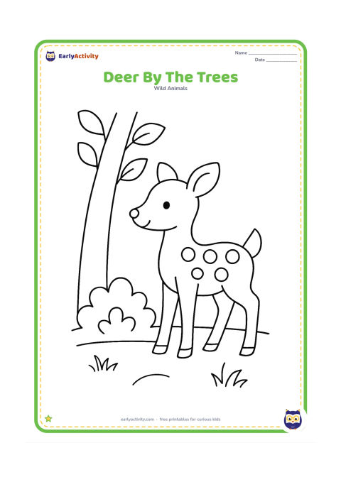 Colouring page: A gentle spotted deer stands beside a tree trunk and looks toward a low bush. Include a few large leaves and a simple forest floor.