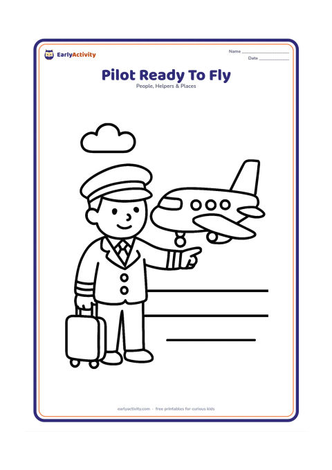 Colouring page: A pilot wearing a cap stands next to a small rolling suitcase and points toward a parked passenger aeroplane. Include a simple runway and one cloud.