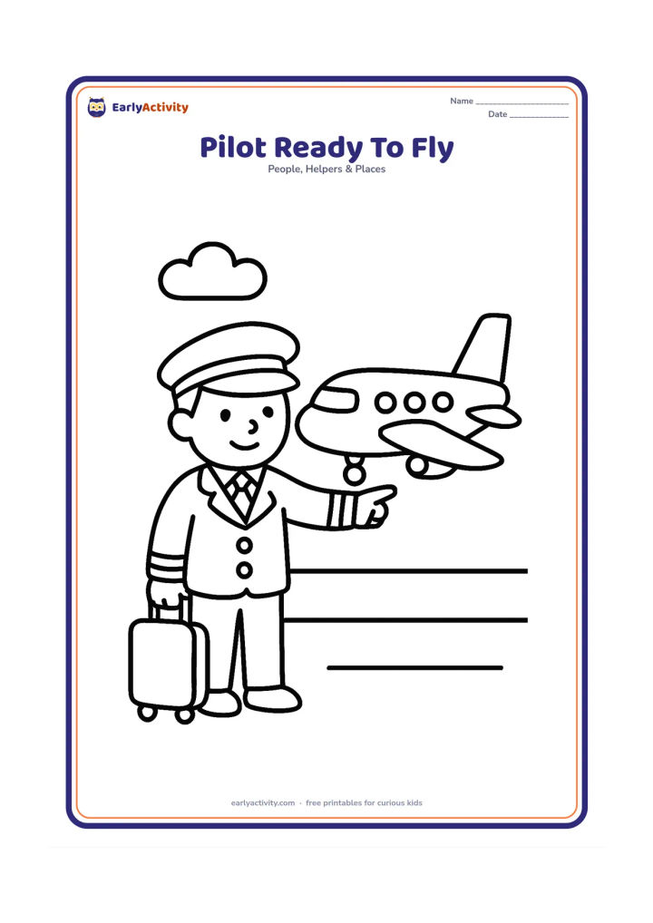 Colouring page: A pilot wearing a cap stands next to a small rolling suitcase and points toward a parked passenger aeroplane. Include a simple runway and one cloud.
