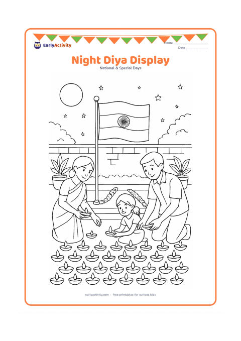 Colouring page: Draw a detailed evening Independence Day display with rows of diyas around an Indian flag on a low platform. Include a family placing lamps, flower garlands, a courtyard wall, potted…