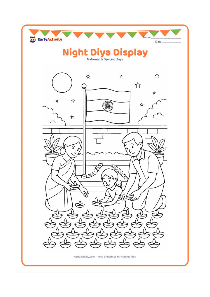 Colouring page: Draw a detailed evening Independence Day display with rows of diyas around an Indian flag on a low platform. Include a family placing lamps, flower garlands, a courtyard wall, potted…