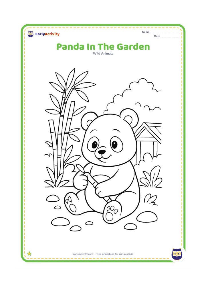 Colouring page: A seated panda rolls a bamboo stalk between its paws in a leafy zoo garden. Include a bamboo cluster, a small wooden shelter and scattered smooth stones.