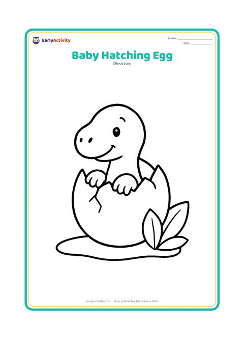 Colouring page: Draw one friendly baby dinosaur pushing out of a large cracked egg, with its head and front feet visible. Place the egg on a simple patch of ground with two broad leaves beside it.