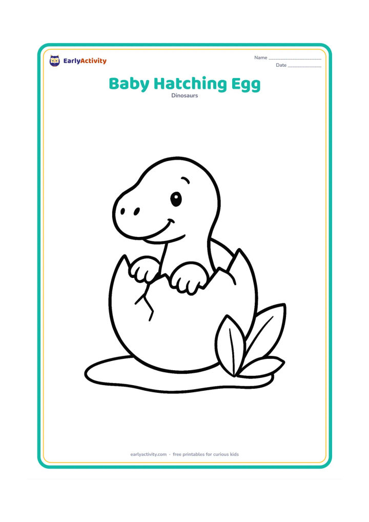 Colouring page: Draw one friendly baby dinosaur pushing out of a large cracked egg, with its head and front feet visible. Place the egg on a simple patch of ground with two broad leaves beside it.