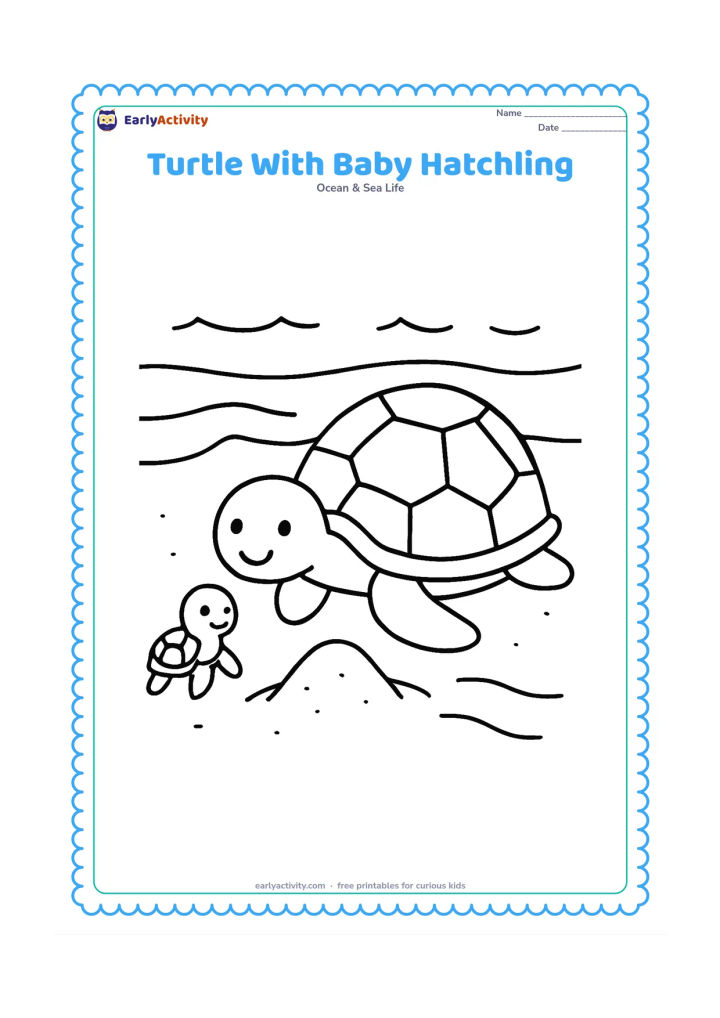 Colouring page: Draw a large sea turtle beside one tiny hatchling on a sandy beach, with a simple nest mound and a few curved lines showing the route to the sea.