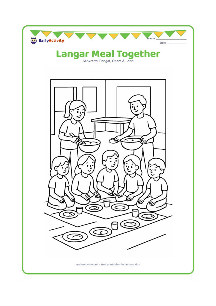 Colouring page: Children and adults sit in two neat rows on floor mats sharing a community meal, while two volunteers serve food from large bowls. Show simple plates, cups, a serving table and an open…