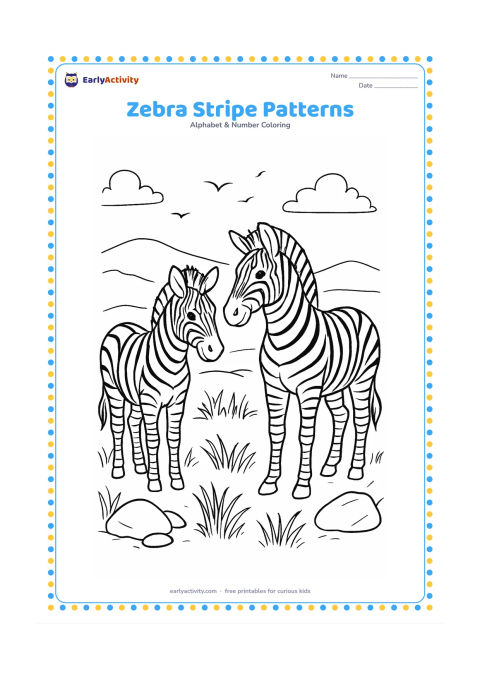 Colouring page: Draw two zebras standing side by side in a grassy plain, posed differently so their individual stripe patterns can be compared. Add rocks, tall grass, distant hills and a few flying birds.