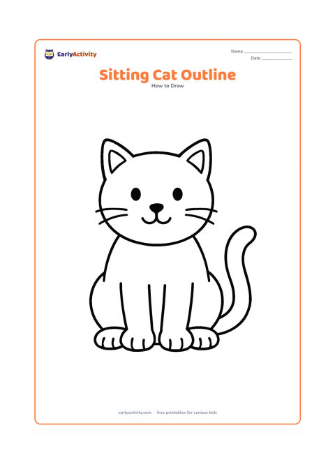 Worksheet: Draw a sitting cat facing forward with a round head, pointed ears, a wide body, two front paws, and a tail curling beside one leg. Add only two eyes, a nose, and a few whiskers.