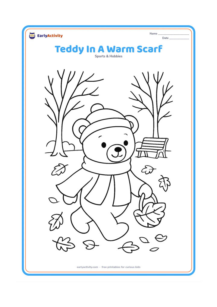 Colouring page: A teddy bear walks through a cool-season park wearing a long scarf and round hat, carrying a leaf-shaped basket. Add bare branches, fallen leaves and a park bench.