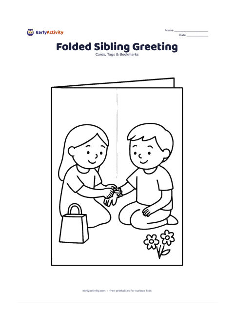 Worksheet: Design a landscape folded-card layout with two simple sibling figures on the front, one tying a rakhi on the other's wrist, and a large blank inner panel suggested by a clear fold line.…