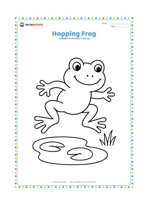 Colouring page: Draw a cheerful frog in mid-hop over a small puddle, with two lily pads and a few simple grass blades. Show the frog in a clear side view.