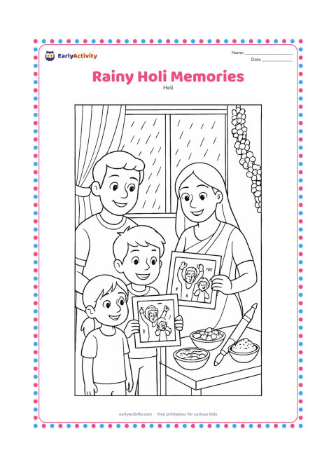 Colouring page: A family looks at colourful Holi photographs and decorations indoors while rain falls outside the window. Place gulal bowls, flower garlands, snacks and a pichkari on a side table.