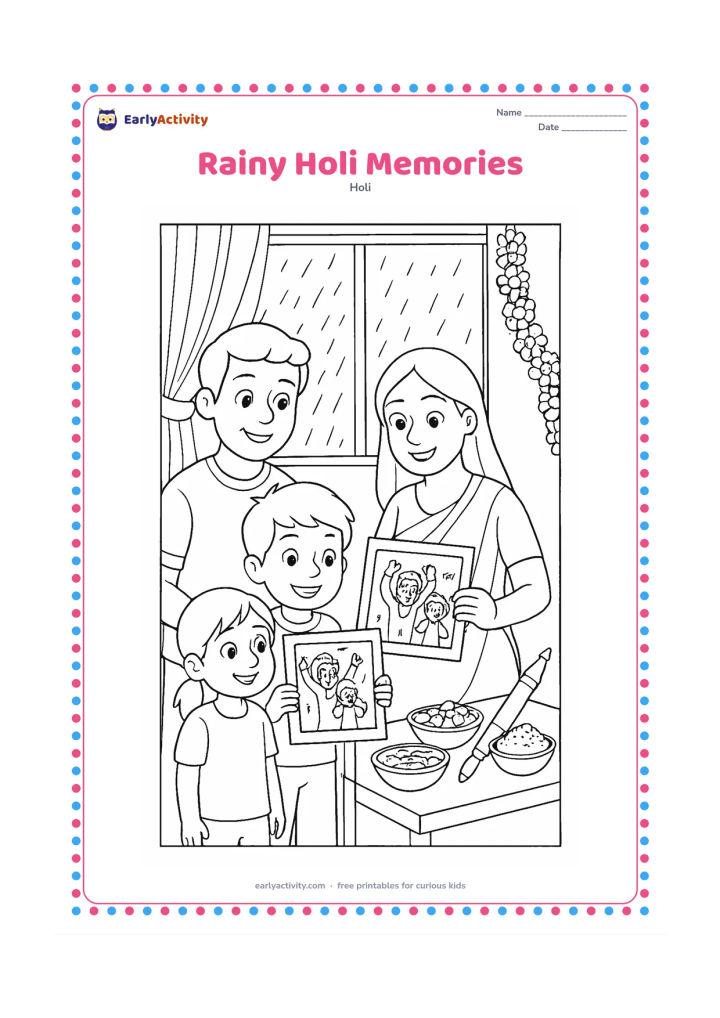 Colouring page: A family looks at colourful Holi photographs and decorations indoors while rain falls outside the window. Place gulal bowls, flower garlands, snacks and a pichkari on a side table.