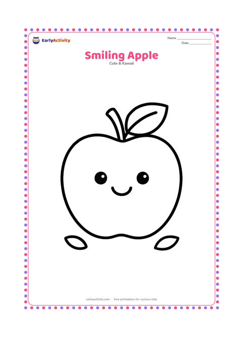 Colouring page: Draw one large round apple with a friendly face, a leaf, and a short stem. Add two tiny leaves on the ground and leave generous blank space around the apple.