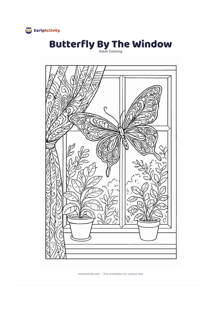 Colouring page: Show a butterfly resting on the inside edge of an open window, with potted leafy plants on the sill and a leafy garden visible beyond. Add a curtain with gentle folds and a detailed…