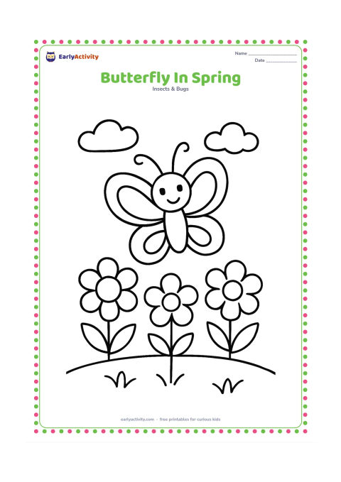 Colouring page: Draw one cheerful butterfly flying among three big spring flowers, simple curved grass, and two small clouds. Show the butterfly with wings spread in a clear top view.