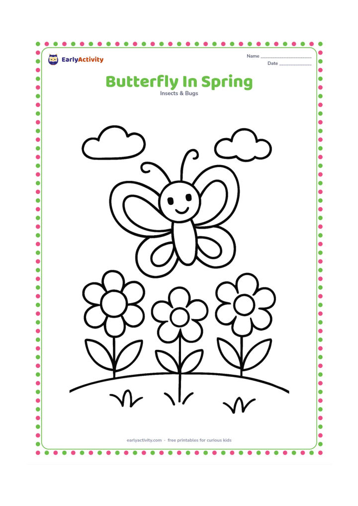 Colouring page: Draw one cheerful butterfly flying among three big spring flowers, simple curved grass, and two small clouds. Show the butterfly with wings spread in a clear top view.