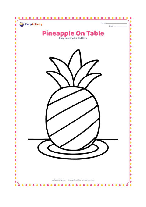 Colouring page: Draw one large pineapple standing on a plain table, with a leafy crown and broad diagonal bands across the body. Include a simple plate beneath it.