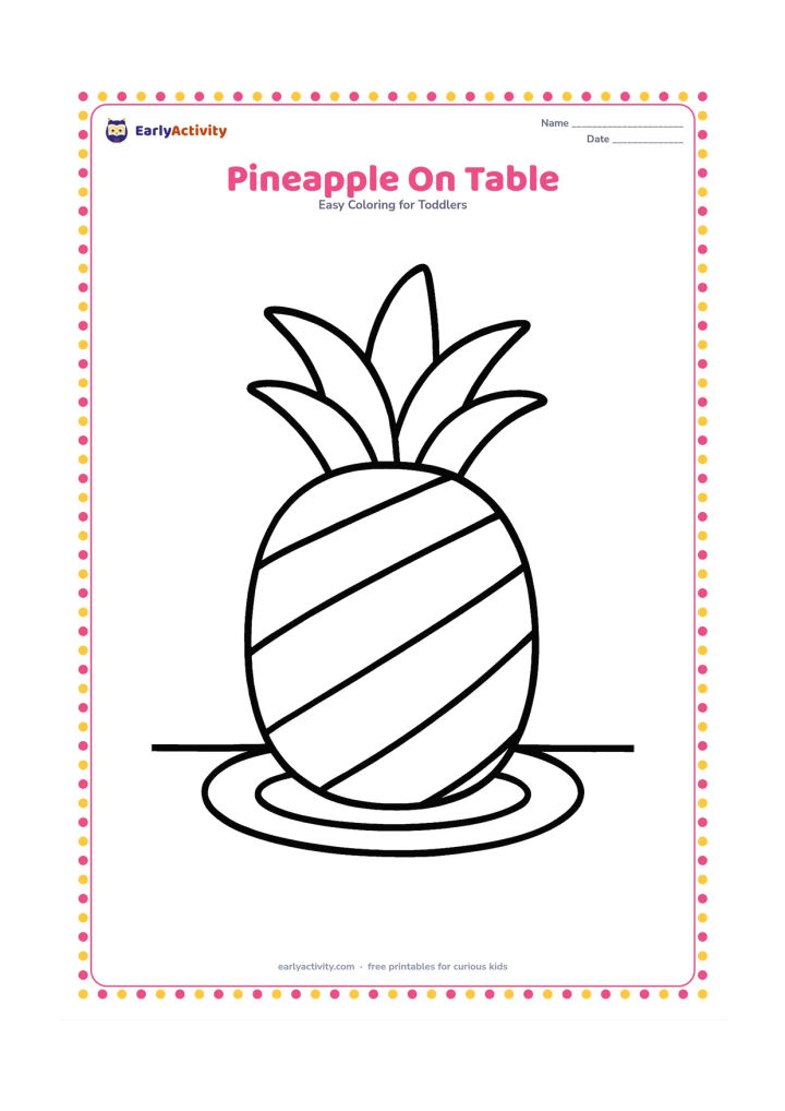 Colouring page: Draw one large pineapple standing on a plain table, with a leafy crown and broad diagonal bands across the body. Include a simple plate beneath it.