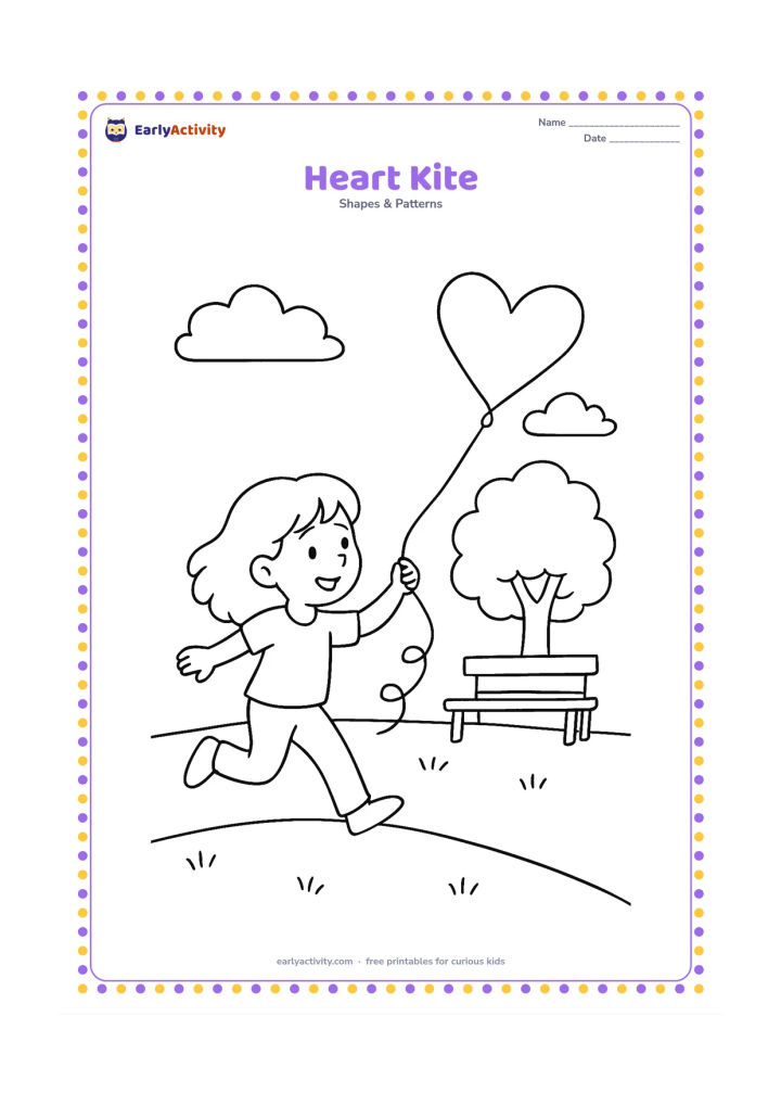 Colouring page: A child runs across a park flying a heart-shaped kite with a curling tail, while two clouds, a tree, and a bench fill the background.
