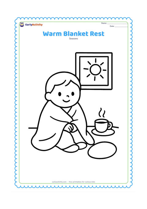 Colouring page: A small child sitting comfortably under a large blanket beside a round cushion and a steaming cup on a low table. Include one simple window showing a winter sun.