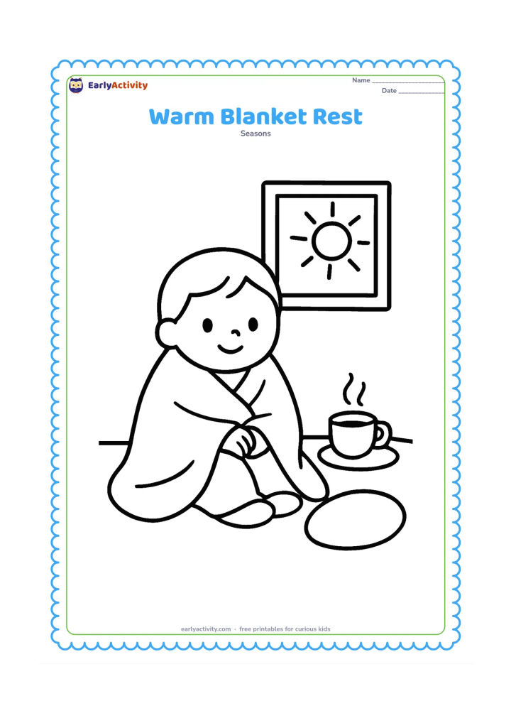 Colouring page: A small child sitting comfortably under a large blanket beside a round cushion and a steaming cup on a low table. Include one simple window showing a winter sun.