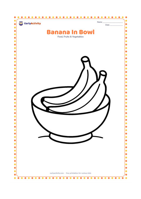 Colouring page: Draw two bananas resting in a wide, round bowl. Include a thick bowl rim and one short curved ground line, with no extra kitchen details.