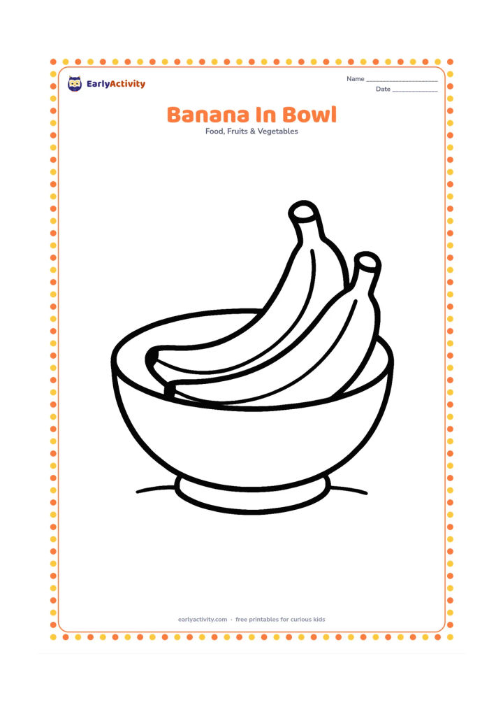 Colouring page: Draw two bananas resting in a wide, round bowl. Include a thick bowl rim and one short curved ground line, with no extra kitchen details.