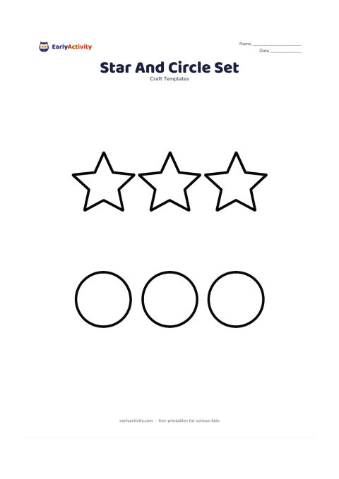 Worksheet: Show three large star outlines beside three large blank circles in a neat row, with plenty of space between each shape. Keep every shape bold and uncluttered for sorting and comparing…