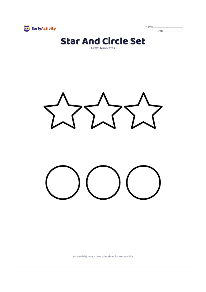 Worksheet: Show three large star outlines beside three large blank circles in a neat row, with plenty of space between each shape. Keep every shape bold and uncluttered for sorting and comparing…