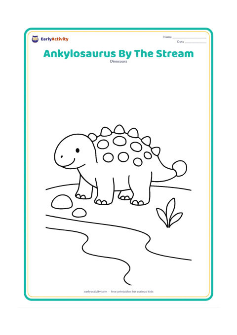 Colouring page: Draw a friendly Ankylosaurus beside a gently curving stream, with its clubbed tail resting on the ground. Add two smooth rocks and one small plant.